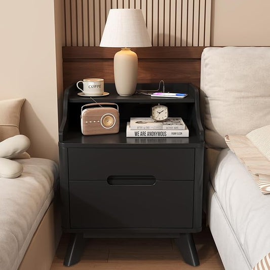 Nightstand with Charging Station, 21" Tall Nightstand w/2 Storage Drawers, Wood Night Stand with Hidden Handle, 17'' Wide Modern Bedside Table for Bedroom,Black