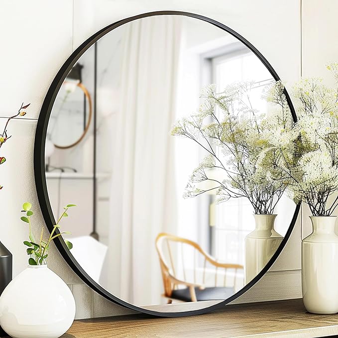 Sunniry Round Mirror 28 inch, Round Black Mirror, Circle Bathroom Mirrors Metal Frame, Wall Mounted Circle Mirrors for Bathroom, Living Room, Hallway, Farmhouse.
