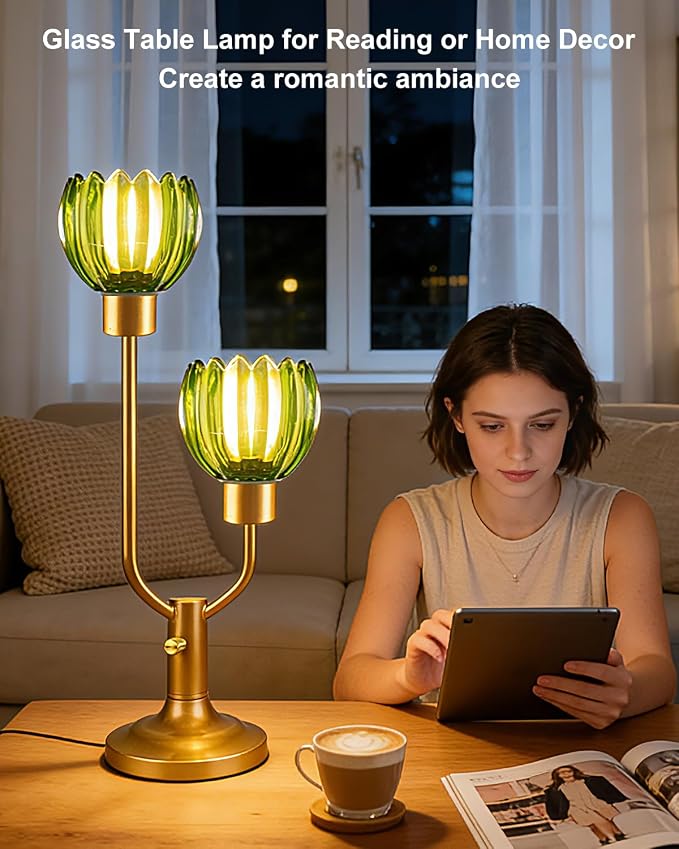 Lightdot Green Glass Flower Table Lamp for Bedroom Dimmable Nightstand Lamp Mid Century Modern Vintage Gold Desk Lamp 2 Bulbs Included Warmwhite Ambient Bedside Lamp for Living Room Home Office Decor