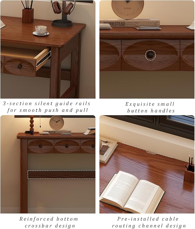 Mid Century Modern Home Office Desk, Solid Wood Writing Desk Multi-Functional Computer Table with 2 Drawers, Vanity, Study Desk for Bedroom/Living Room/Study/Workstation