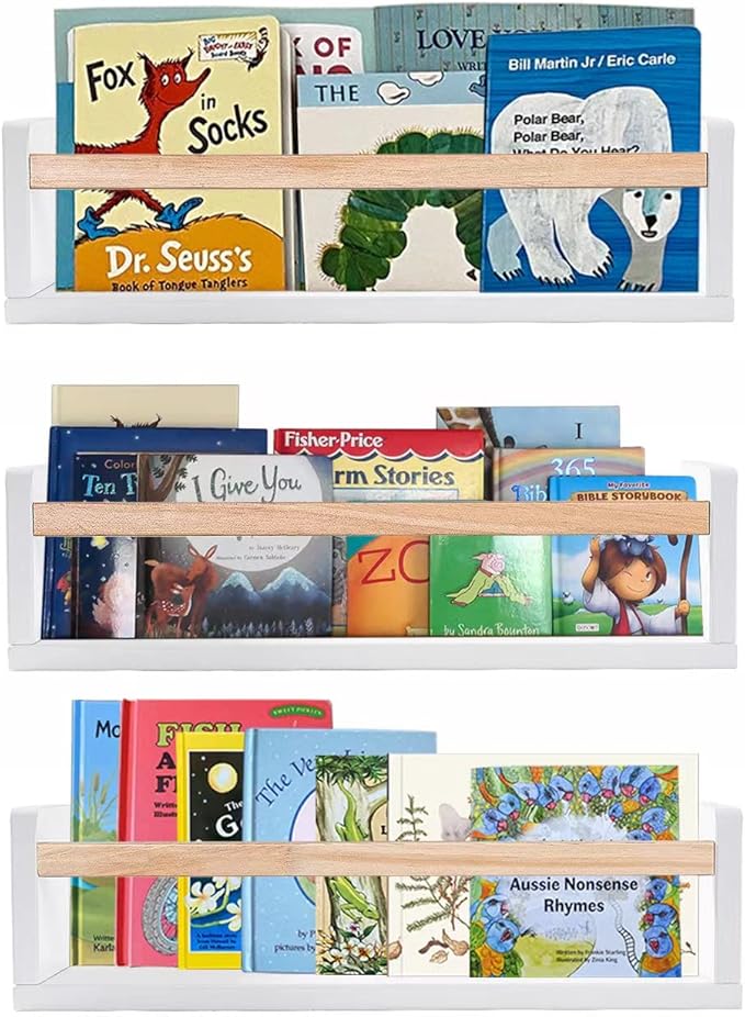 AZSKY Nursery Wall Décor Shelves White Floating Bookshelves for Baby and Kids 16 Inch Book Organizer Storage Ledge Long Display Floating Shelves for Books CDs Dolls Picture Frames a Set of 3
