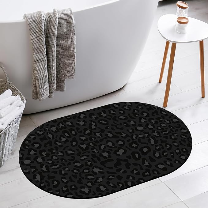 Bathroom Rug Mat Abstract Black Leopard Oval Bath Mat Doormat Absorbent Quick Dry Non Slip Diatom Mud Mat for Shower Tub Sink Laundry Kitchen Doorway 23.6x15.7 Inches
