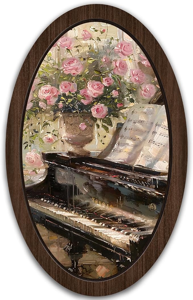 UYIKG Vintage Wall Art Oval Framed,Oil Painting Art Floral Piano Wooden Framed Decor,Farmhouse Oval Wall Decor for Theme Room Home Bedroom Living Room Home Office 9x14.6 in