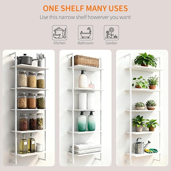 5 Tier Industrial Ladder Bookshelf 15.74" Dx9.44 Wx62.99 H, Wall Mounted Bookcase with Metal Frame for Home Office, Living Room, Study，White