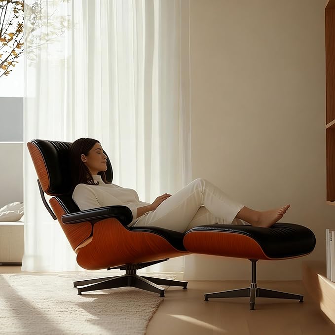 Mid-Century Genuine Top Grain Leather Chaise Lounge Chair & Ottoman, Rosewood Base, Modern Classic Design for Living Room & Office