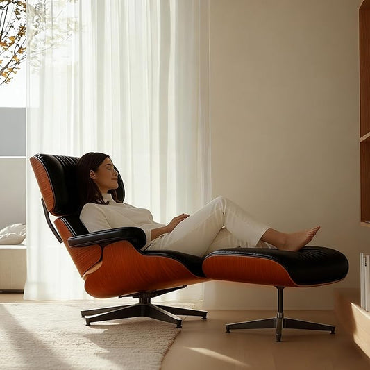 Mid-Century Genuine Top Grain Leather Chaise Lounge Chair & Ottoman, Rosewood Base, Modern Classic Design for Living Room & Office