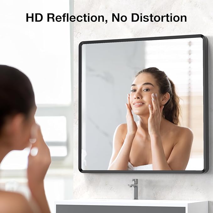 36x36 inch Black Bathroom Mirror, Rectangle Metal Aluminum Alloy Frame, HD Tempered Glass, Horizontal or Vertical Hanging, Modern Bathroom Decor