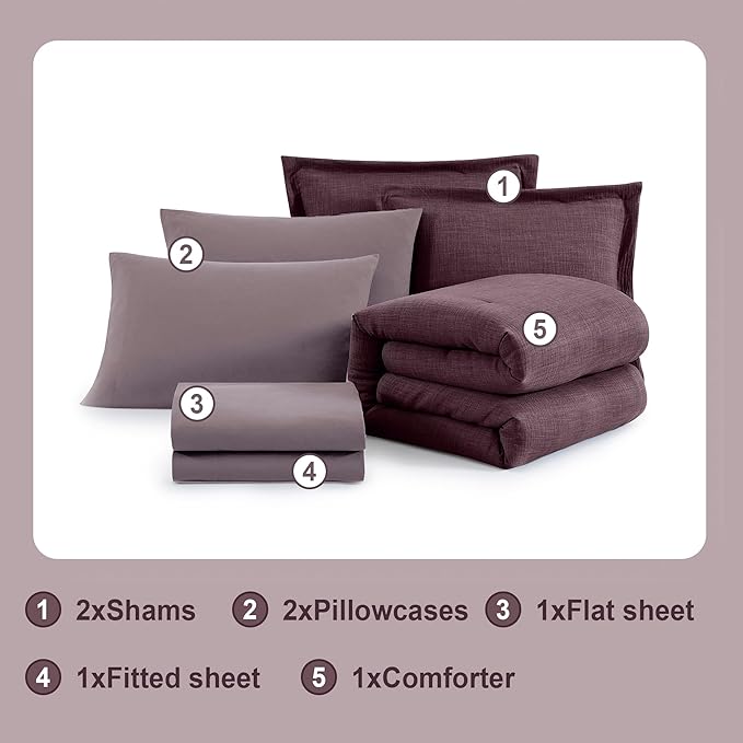 Geniospin Purple Full Comforter Set - 7 Pieces Eggplant Comforter Full Size, Solid Bedding Set for All Season, Textured Bed in a Bag with Sheets