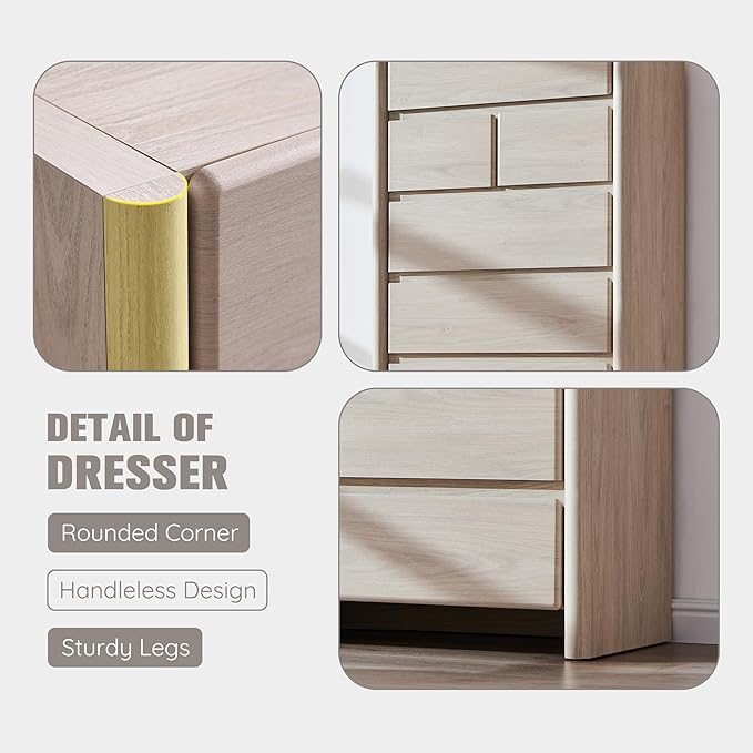 Modern 7 Drawers Dresser for Bedroom, 54.7" Tall Large Dresser & Chests of Drawers w/Rounded Corner, Wood Handleless Organizer Dresser w/Natural Texture for Bedroom, Living Room-Cream