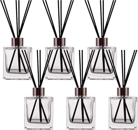 6 Pack Perfume Reed Diffuser Bottle,Empty Square Essential Oil Bottles Glass Jar with Black Sticks for DIY Fragrance Replacement Diffuser Sets (200ml/6.8 oz, Transparent Color)