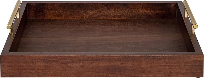 Kate and Laurel Lipton Decorative Wooden Tray with Metal Gold Handles, 16.5" x 12.25", Dark Walnut Brown and Gold