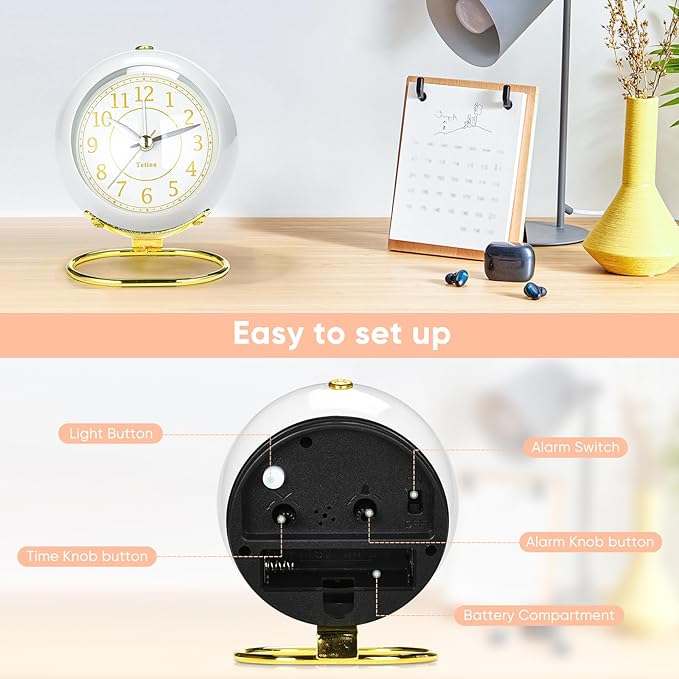 Analog Alarm Clocks,Retro Backlight Cute Simple design Small desk Clock With Night Light,Silent Non-Ticking,Battery Powered,For Kids,teens,Bedroom,travel,kitchen,Bedside Desk decor. (Bright White)