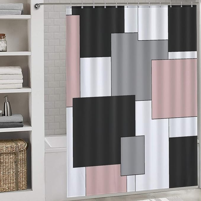 Retro Geometric Shower Curtain,Pink Black Modern Geometry Minimalist Neutral Design Bathroom Curtain Polyester Waterproof Fabric Decor 66x72in（168x183cm）