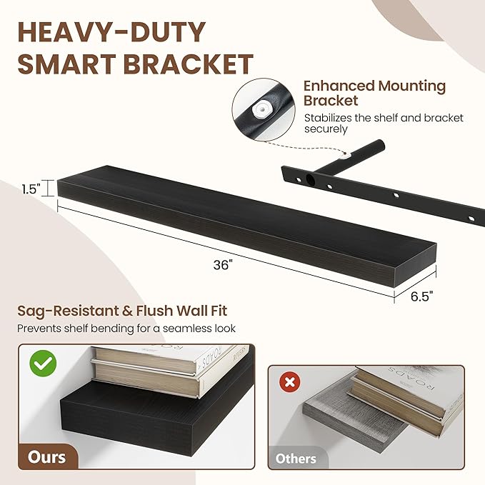 36 Inch Floating Shelves for Wall 2 Pack, 36" Wall Shelves for Books, Storage, Decor, Wall Mounted Floating Shelf with Invisible Brackets for Kitchen, Living Room, Black