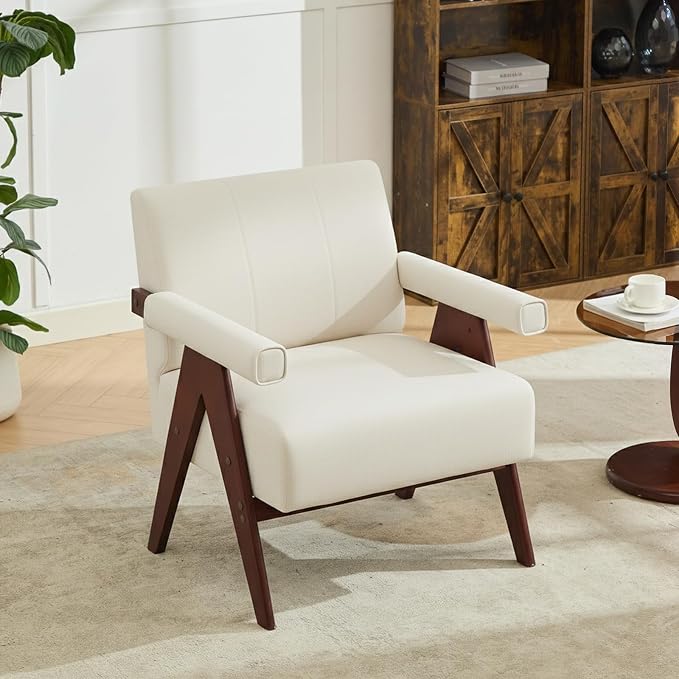 AODAILIHB White Mid Century Modern Accent Chair, Solid Wood Frame White Linen Armchairs, Modern Reading & Living Room Chairs for Office Guest & Waiting Room