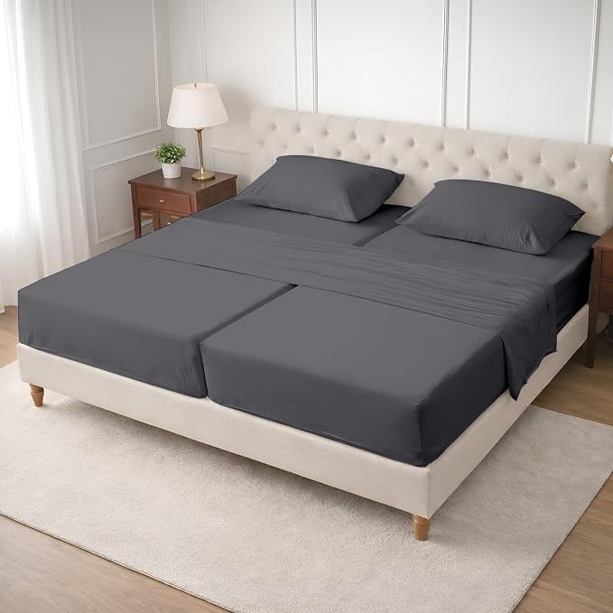 SGI Split King Sheet Set for Adjustable Bed Egyptian Premium Cotton 600 Thread Count Sheets for Sleep Number Bed 15" Deep Pocket 5 Pc Set with 2 Twin XL Fitted Sheets Soft Breathable -Dark Gray