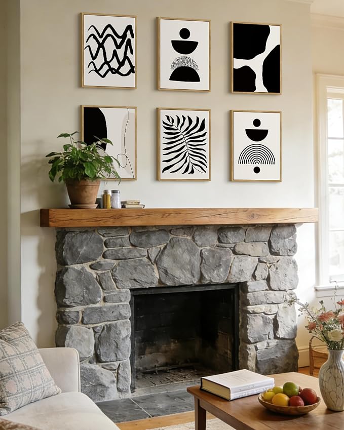 Drsoum Abstract Boho Wall Art Minimalist Geometric Framed Boho Room Decor Black Line Art Mid Century Modern Prints Bohemian Living Room Bedroom Ready to Hang 11x14inx6pcs (Natural Framed)