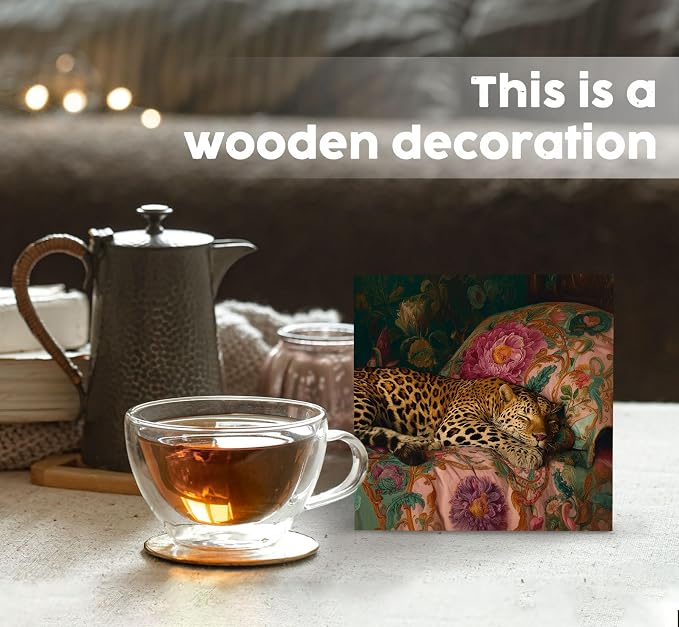 Leopard Room Decor Signs, Leopard Gifts for Women, Cheetah Room Decor, Eclectic Maximalist Sleeping Cheetah Wooden Box Sign for Girls Bedroom Dorm Desk Table Shelf 5x5 Inch