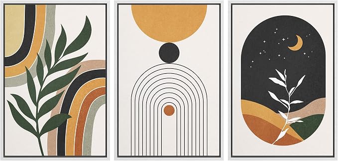 wall26 Framed Canvas Print Wall Art Set Boho Mid-Century Crescent Moon Plant Landscape Nature Abstract Illustrations Modern Art Bohemian Decorative for Living Room, Bedroom, Office - 24"x36"x3 White