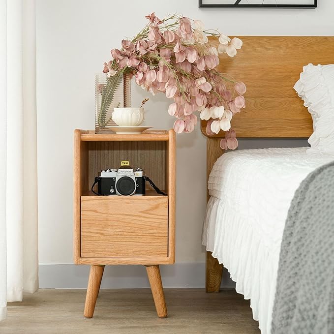 Night Stand, Solid Wood Nightsatnd with One Drawer & Open Shelf, Mid Century Modern Nightstand, Durable & Sturdy Small End Table, 11.81 W x 15.75 D x 22.05 H Inches, (Natural)