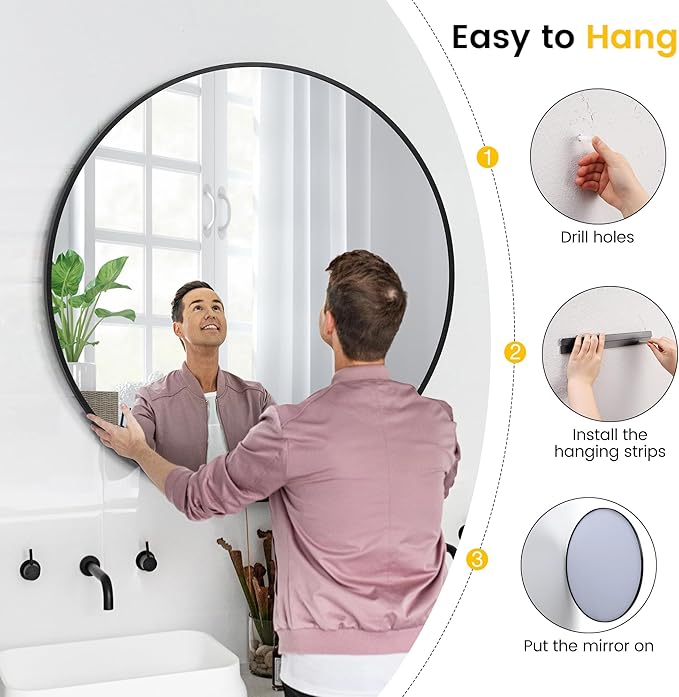 Round Mirror 24 Inch Circle Bathroom Mirror: Fog Resistant Glass with Aluminum Frame - Wall Mounted Vanity Mirror for Entryway, Bedroom & Living Room Decor，Black