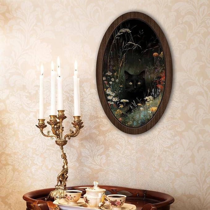 UYIKG Vintage Black Cat Floral Oval Wall Art,Rustic Farmhouse Cottagecore Oval Wall Decor,Farmhouse Country Wooden Framed Decor for Home Bedroom Living Room Reading Room 9x14.6 in