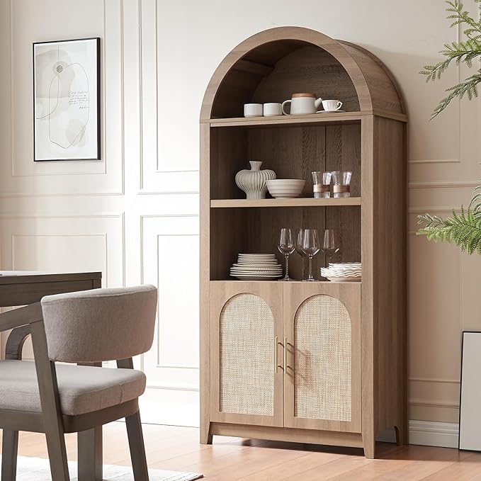 RowyPoey Rattan Arched Cabinet Bookshelf - 69.3” Tall Mid Century Display Cabinet, Rounded Bookcase with Rattan Doors, Open Shelf Storage for Dining Room (Caramel Oak, 1 PC)