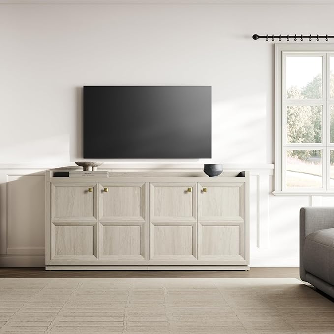 SICOTAS 61.7" Wide 4-Door Buffet Cabinet, Extra Long Sideboard with 2 Separate Bays & Adjustable Shelves, Modern Credenza Storage Cabinet with Gold Handle for Kitchen Living Room, Grey White Oak,1 PCS