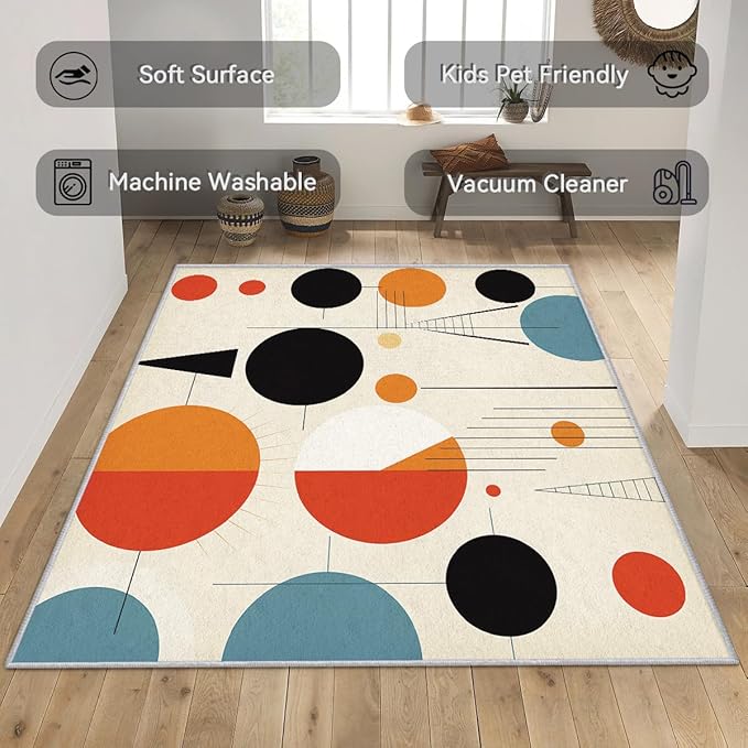 50s Rugs for Living Room 8x12, Retro Mid Century Modern Geometric Abstract Pattern Design Area Rug, 50s Bedroom Decor Carpet, Non Slip, Washable (RG523)