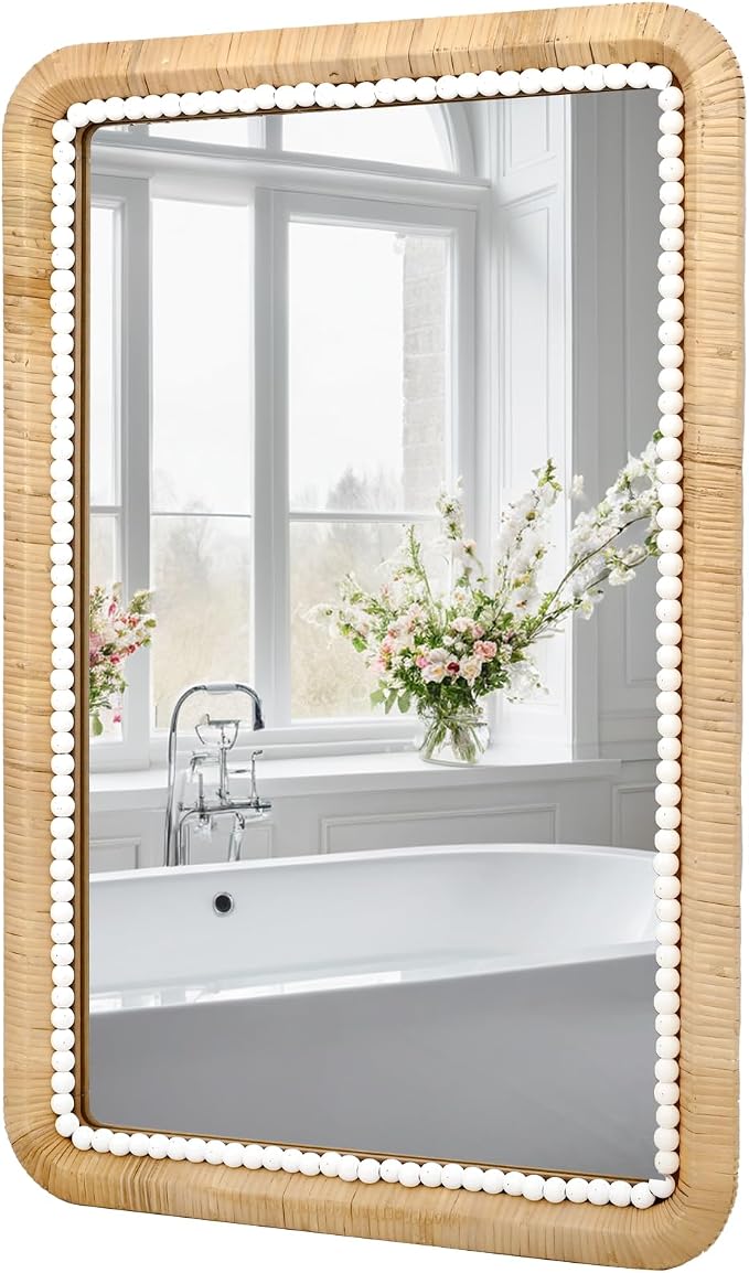FUIN 30x20 Inch Rattan Wall Mirror with White Bead Trim, Handmade Boho Bathroom Vanity Mirror, Natural Rectangular Hanging Mirror for Bedroom, Living Room, Entryway, Vertical or Horizontal Mount
