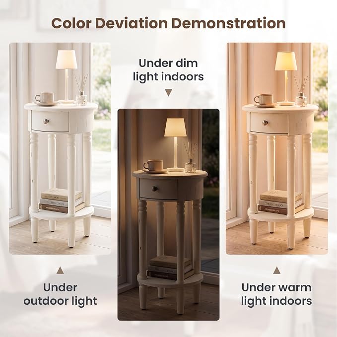HOMPUS Round End Table with Drawer Set of 2, Rustic Framhouse Nightstand Set 2, Small Tall End Table with Shelf, Fully Assembled Narrow Wood Nightstand, Accent Bedside Table for Bedroom, Small Spaces
