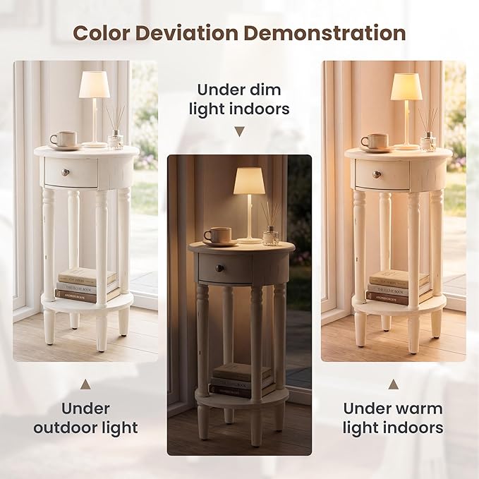HOMPUS Round End Table with Drawer, Tall end Table with Open Shelf, Farmhouse Rustic Nightstand, Slim Side Table for Small Spaces, Skinny Modern Space-Saving Accent Table for Bedroom, Easily Assembled