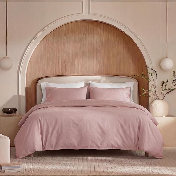 100% Washed Cotton Duvet Cover Queen Size – Red Pink, Linen-Like Texture, Super Soft & Breathable Bedding Set, 3-Piece Durable Percale Comforter Cover