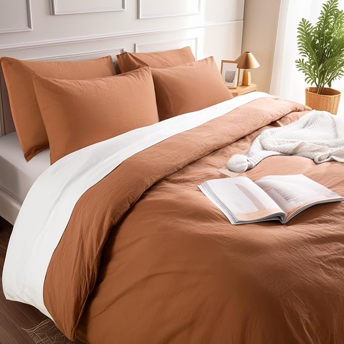 NEXHOME PRO Duvet Cover Set 100% Washed Cotton Oversized Queen 98"x98", Organic Natural Linen Look Textured 3 Pieces Bedding Set Terracotta Burnt Orange with Zipper Closure, Soft (No Comforter)
