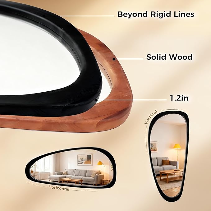 Asymmetrical Irregular Wall Mirror with Wood Frame, Decorative for Bedroom, Living Room, Entryway, Hallway, Mid Century Modern Boho Decor, Large Abstract Design 48" H x 22" W