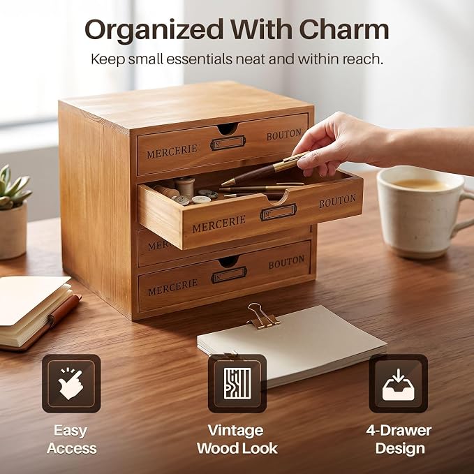 Flexzion Wood Desktop Organizer with Drawers, Desktop Storage Drawers Wood Cabinet, 4-Drawer Wooden Card Catalog Cabinet for Office, Crafts, Jewelry, Stationery, Vintage Brown