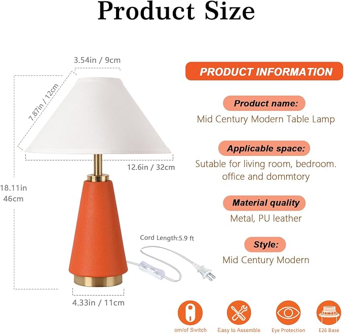 18.11 Inch Mid Century Modern Orange Table Lamp Set of 2, MCM with Beige Fabric Shade, PU Leather Table Lamp for Kitchen Counter, Bedroom, Nightstand, Desk Lighting, Bookshelf, Living Room, Kids Dorm