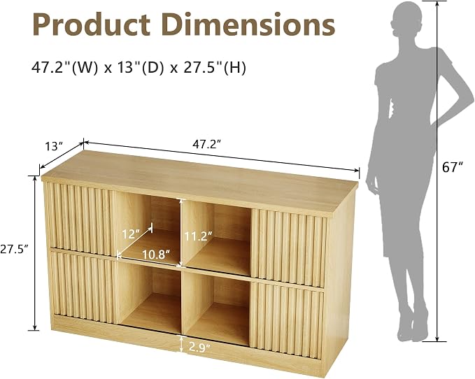 Einhomn 8 Cube Storage Organizer with Sliding Doors, Modern Fluted Bookshelf with Storage Cabinet, Wooden Bookcase with 4 Open Shelves for Living Room, Home Office, Bedroom, Natural