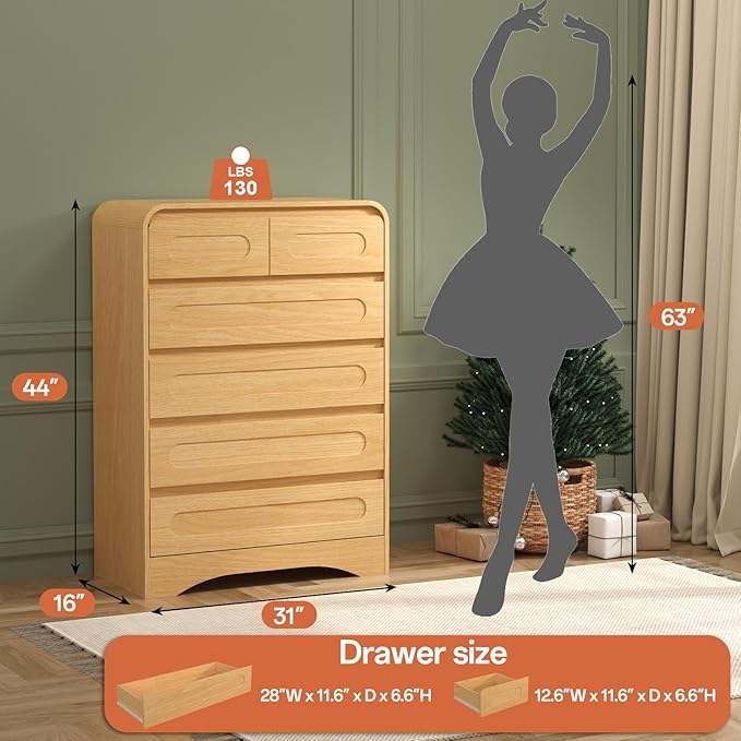Tall Dresser for Bedroom, Modern Wood Chest of Drawers with Pre-Installed Slides and Curved Edges, 6 Drawer Vertical Storage for Bedroom or Hallway, Natural Oak