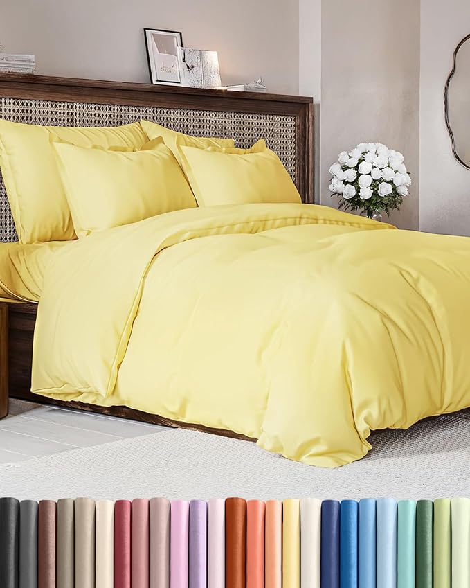 Duvet Cover Full Size - Extra Soft Full Size Duvet Cover - Lightweight, Breathable & Cozy - Easy Care & Fade Free with Zipper Closures & Ties - 80" x 90" Inches - (Yellow) Comforter Not Included
