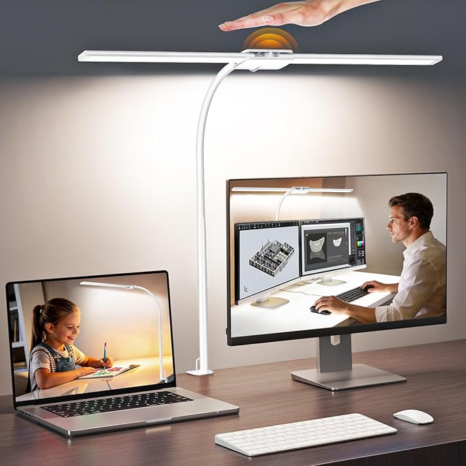 Syrinx LED Desk Lamp, Dual Head Desk Light with Clamp, 50 Lighting Modes Eye-Caring Table Lamp, Flexible Gooseneck Task Light with Motion Sensor, Wired Control, Timer & Memory Function for Home Office