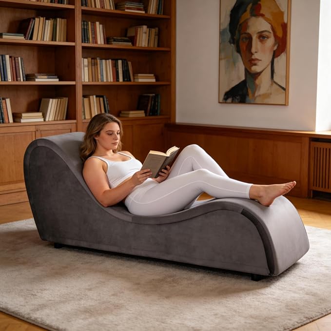 Grey Ergonomic Curved Chaise Lounge Chair for Relaxing, Sofa Bench with Heavy-Duty Metal Frame & Removable Velvet Cover