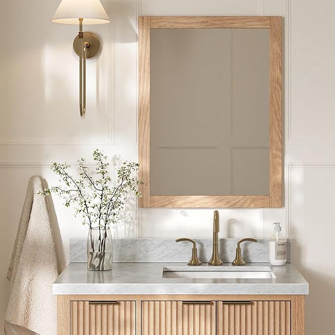 ARIEL Rectangular Wooden Mirror 24" x 32" in Natural Oak, Flexible Horizontal/Vertical Hanging for Bathroom, Vanity, Entryway & Living Room Decor, Farmhouse Style