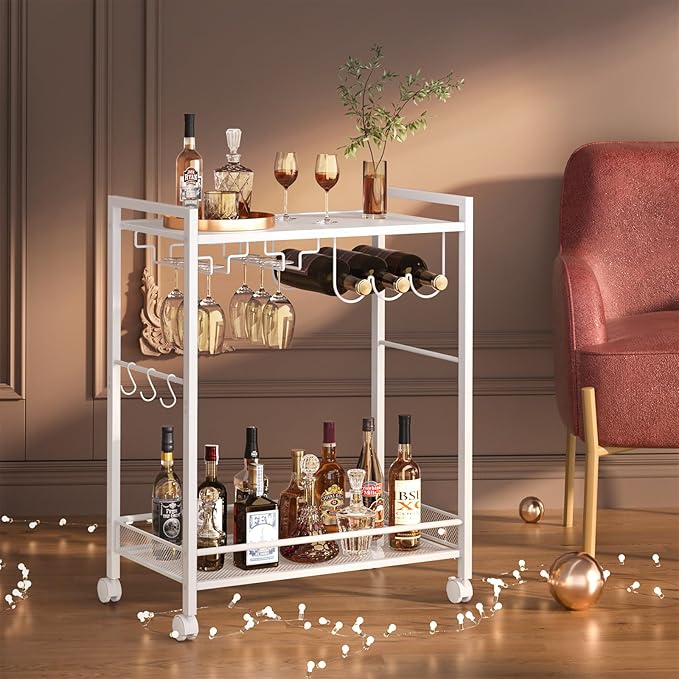 Bar Cart, Home Bar Serving Cart with 2-Tier Shelf,Rolling Beverage Cart with Wheels,Mobile Kitchen Shelf,Modern Wine Drink Cart with Wine Rack and Glass Holder for Kitchen,Dinning Room,White