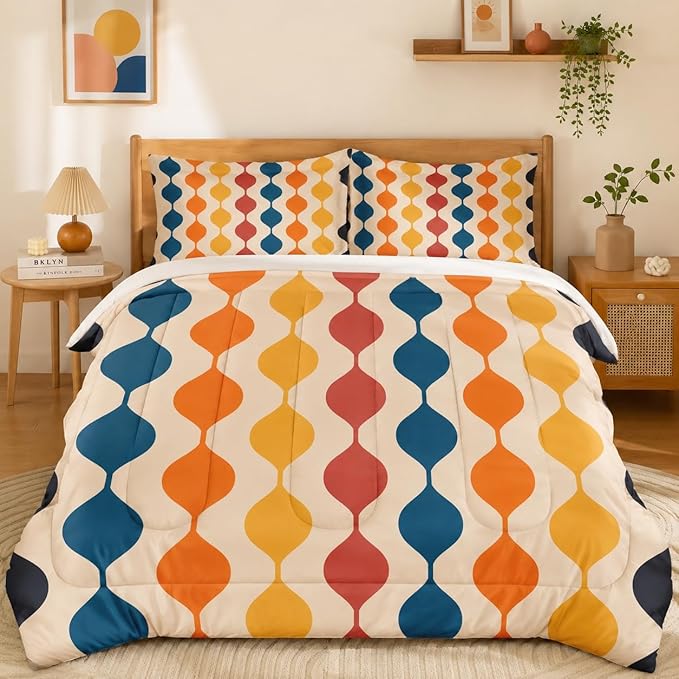 Pamnest Comforter Set King Size, Geometric Hippie Multicolored Soft 3 Pcs Bedding for Kids and Adults, Retro Vintage 70S Comforter Set with Pillowcase, for Bedroom Bed Decor