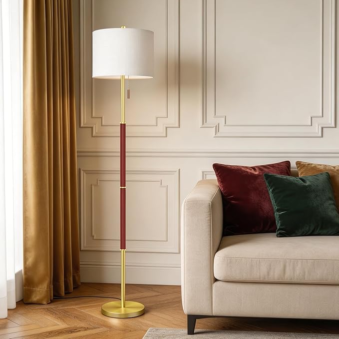 62" Mid Century Modern Floor Lamp,Burgundy Standing Lamp with 3-Color Temperature and Pull Chain, Weighted Anti-Tip Base for Safety, Floor Lamps for Living Room Bedroom Corner (6500K Bulb Included)
