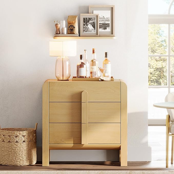 WAMPAT Sideboard Buffet Cabinet with Storage with 3 Drawers, Modern French 31.5" W Buffet Cabinet with Storage, Wood Coffee Bar Cabinets with Curved Edge Design for Kitchen Living Room, Oak