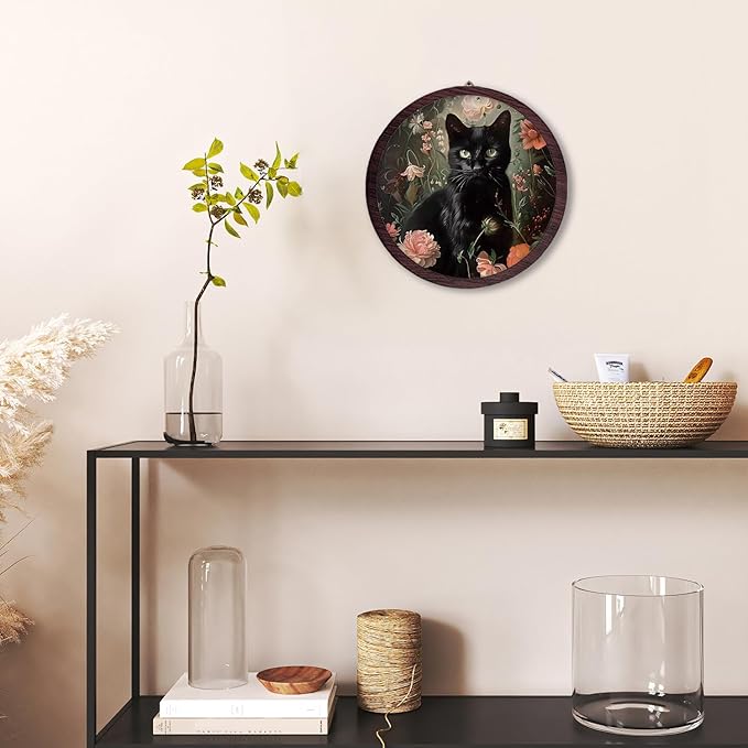 TFKFJLF Moody Black Cat Framed Wall Art Decor, Floral Gothic Wooden Wall Art Prints Artwork, Vintage Decoration, Cottagecore Hanging Room Door Decor for Cat Lovers Bedroom Living Room, 10x10 Inch