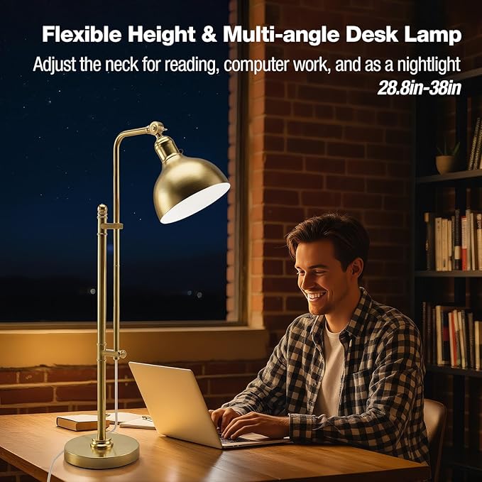PARTPHONER Industrial Adjustable Desk Lamp for Home Office, Farmhouse Table lamp 29''-38'', Rustic Metal Task Desk Lamp in Brushed Gold Finish, Vintage Reading Lamp for Study Room，Gold