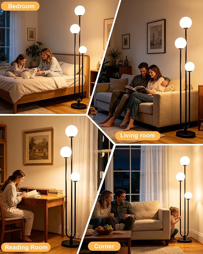 Lightdot 63IN Black Floor Lamp Dimmable with Mid Century Standing Lamps, 3000K Warm White Bulbs Included, Modern Globe Floor Lamp with 5Lbs Heavy Base for Living Room/Bedroom/Sofa Beside/Corner Decor